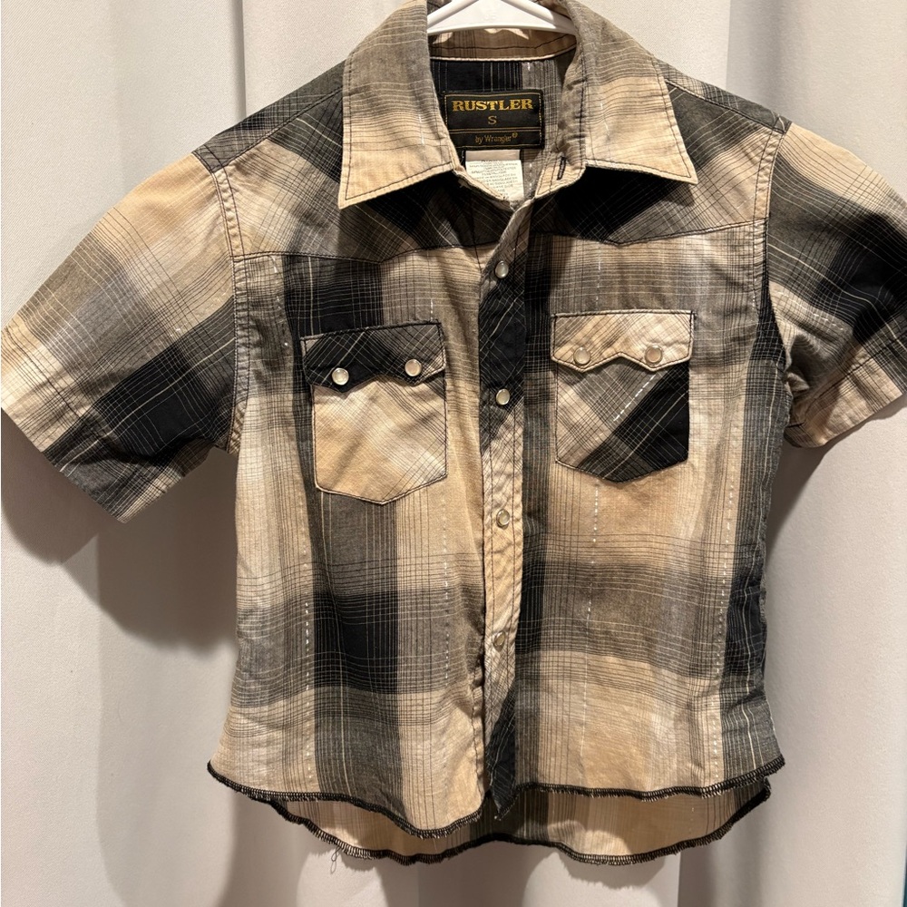 Vintage Rustler Kids Plaid Shirt - Black and Tan With Pearl Snaps.